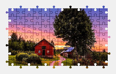 Jigsaw puzzle online sunset,building,tree,nature,countryside,colorful
