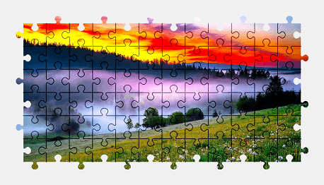 Jigsaw puzzle online sunset,mountains,fog,forest,nature,colorful,sky,fantasy