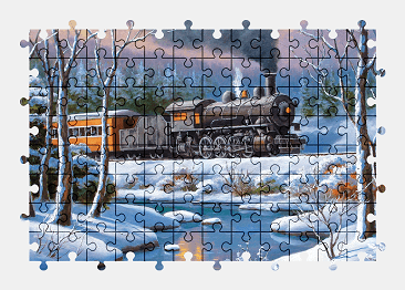 Jigsaw puzzle online train,painting,vehicle,river,winter,colorful,snow