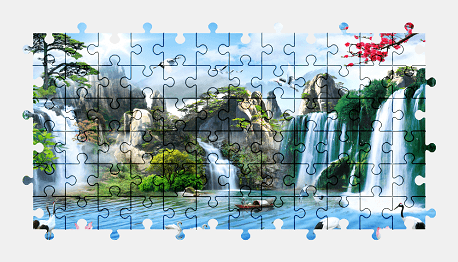 Jigsaw puzzle online tropical,waterfall,nature,bird,colorful