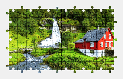 Jigsaw puzzle online waterfall,river,building,bridge,colorful,nature