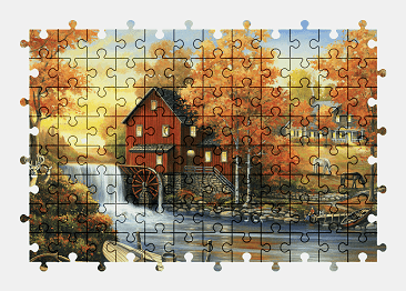 Jigsaw puzzle online watermill,painting,autumn,river,animal,colorful