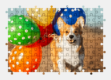 Jigsaw puzzle online welsh-corgi,dog,animal,balloon,colorful,funny