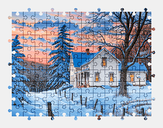 Jigsaw puzzle online winter,sunset,painting,colorful,art,nature,snow,house,building