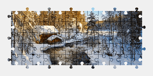 Jigsaw puzzle online winter,river,nature,house,colorful,forest